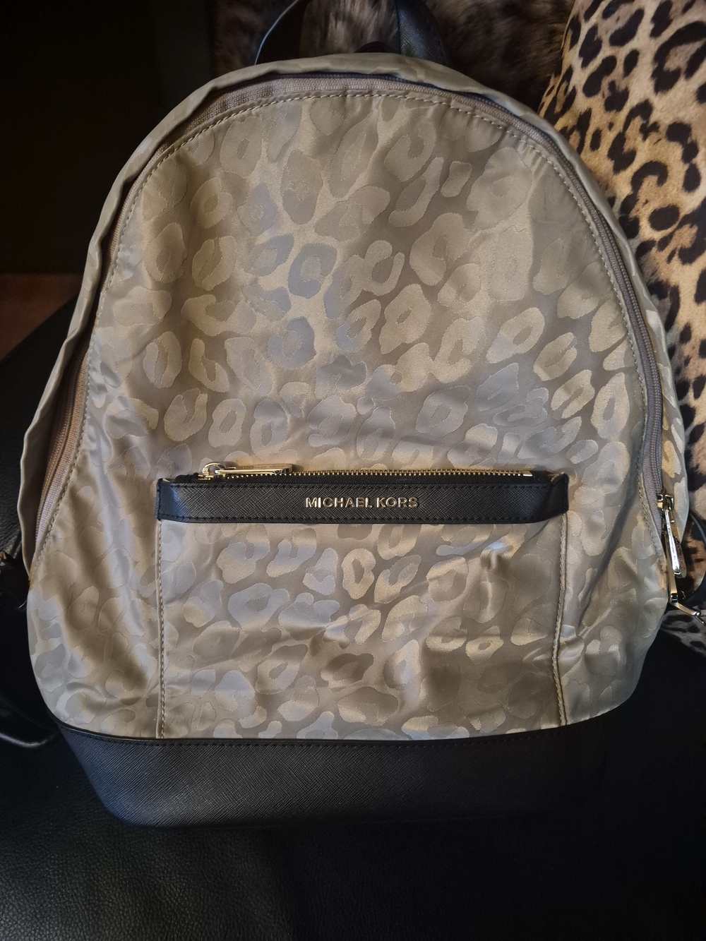 Michael Kors Beige Leopard-Print Backpack with Black Trim